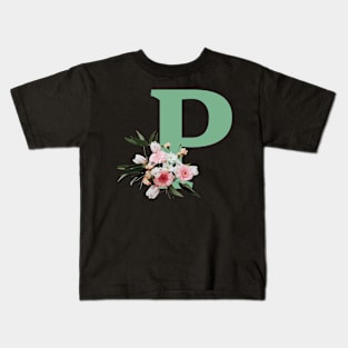 Letter P green with colorful flowers Kids T-Shirt